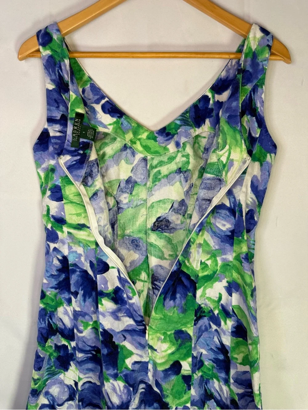 Lauren Ralph Lauren - Floral V-Neck Cotton Blend Sundress Blue & Green - Size 8